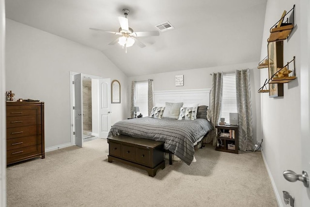 3409 Ontario Cir, Oklahoma City, OK 73160 - bedroom with carpet flooring, baseboards, lofted ceiling, a ceiling fan, and connected bathroom