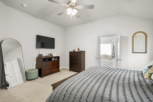 3409 Ontario Cir, Oklahoma City, OK 73160 - bedroom featuring carpet, vaulted ceiling, ceiling fan, and connected bathroom