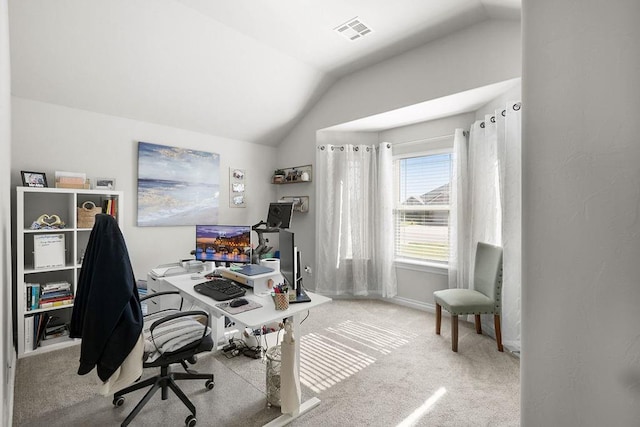 3409 Ontario Cir, Oklahoma City, OK 73160 - home office with vaulted ceiling, carpet floors, and baseboards