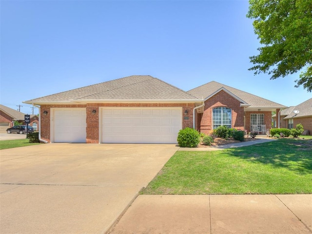 8413 NW 64th Ter, Oklahoma City, OK 73132 - ranch-style home featuring brick siding, an attached garage, a front yard, driveway, and a shingled roof