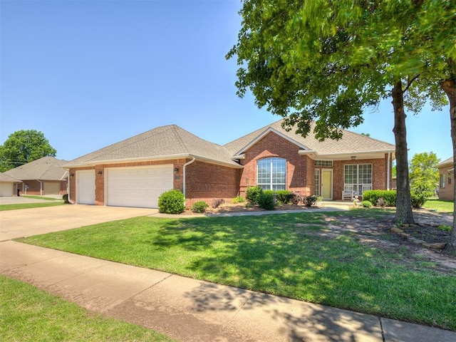 8413 NW 64th Ter, Oklahoma City, OK 73132 - ranch-style house featuring brick siding, a garage, a front yard, and driveway