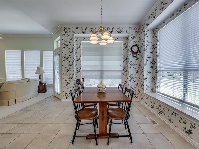8413 NW 64th Ter, Oklahoma City, OK 73132 - dining space featuring ornamental molding, wallpapered walls, a chandelier, light tile patterned floors, and baseboards