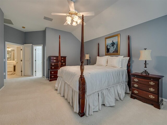 8413 NW 64th Ter, Oklahoma City, OK 73132 - bedroom featuring light carpet, baseboards, a ceiling fan, ensuite bathroom, and vaulted ceiling