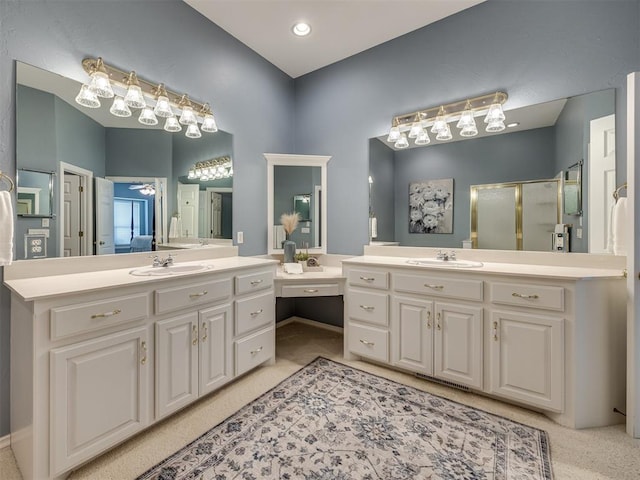 8413 NW 64th Ter, Oklahoma City, OK 73132 - bathroom with two vanities and a stall shower