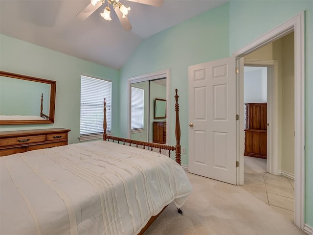 8413 NW 64th Ter, Oklahoma City, OK 73132 - bedroom featuring lofted ceiling, light carpet, a closet, ceiling fan, and baseboards
