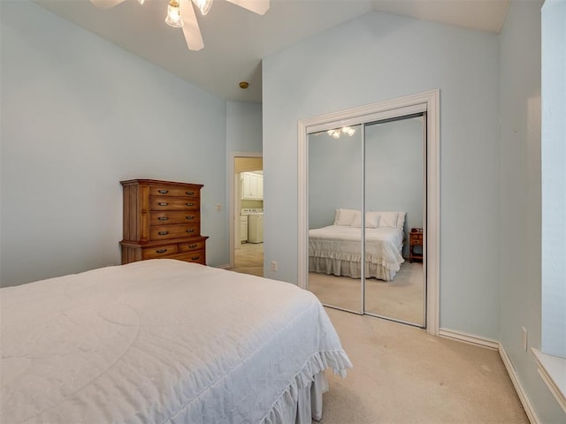 8413 NW 64th Ter, Oklahoma City, OK 73132 - bedroom featuring light colored carpet, a closet, lofted ceiling, ceiling fan, and baseboards