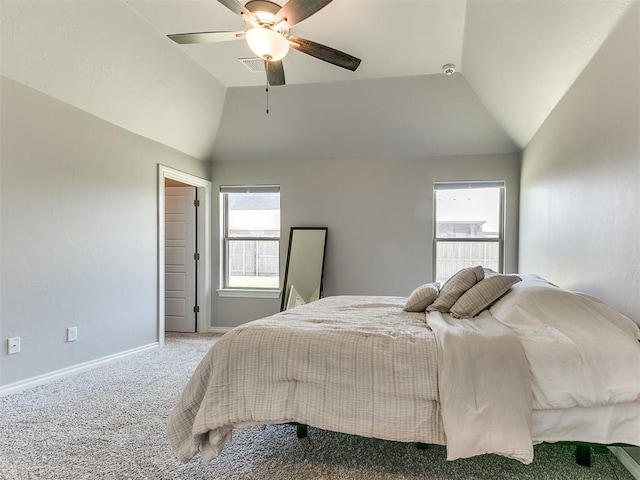 9212 NW 89th St, Yukon, OK 73099 - carpeted bedroom featuring vaulted ceiling, baseboards, and a ceiling fan