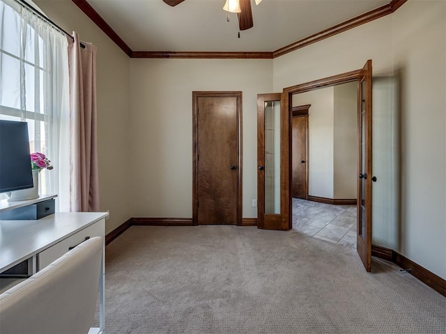 18854 Marbella Ln, Harrah, OK 73045 - unfurnished bedroom featuring carpet floors, ornamental molding, baseboards, and ceiling fan