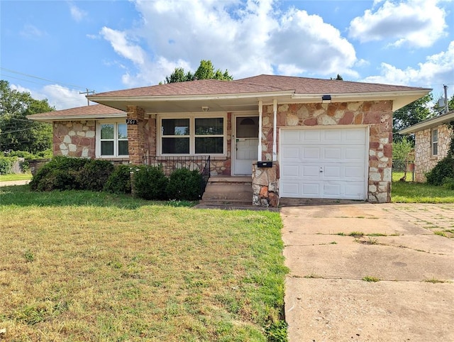264 E Coe Dr, Midwest City, OK 73110 - single story home featuring driveway, a front lawn, an attached garage, and stone siding