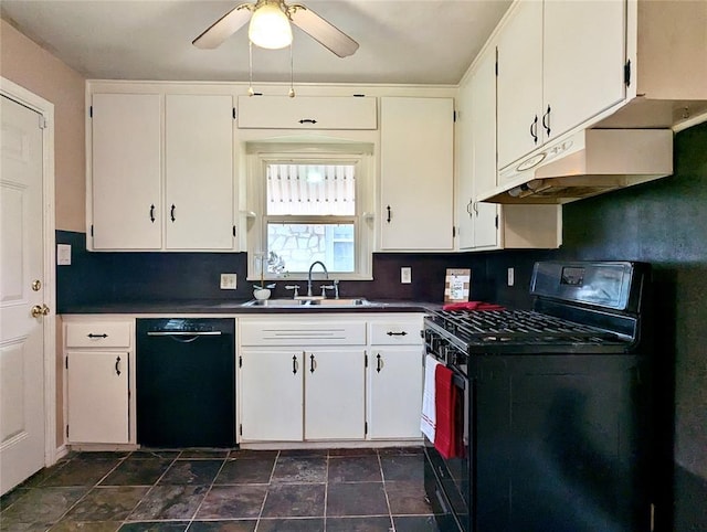 264 E Coe Dr, Midwest City, OK 73110 - kitchen featuring black appliances, a sink, under cabinet range hood, dark countertops, and white cabinetry