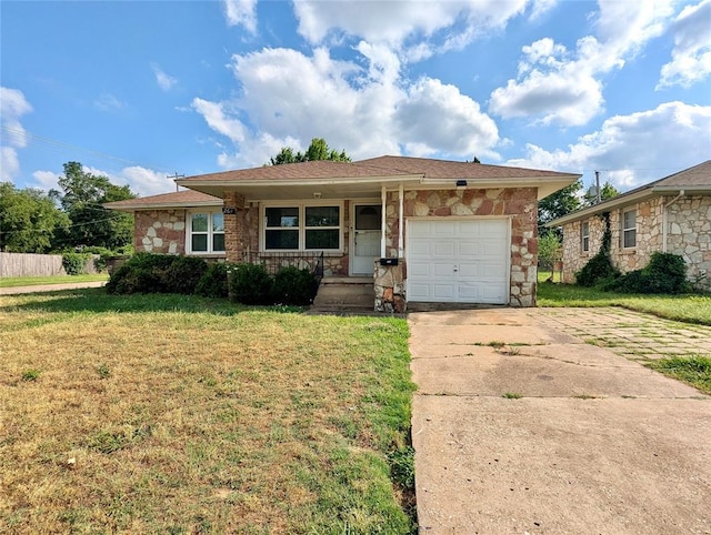 264 E Coe Dr, Midwest City, OK 73110 - single story home featuring an attached garage, concrete driveway, a front lawn, stone siding, and covered porch