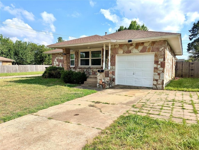 264 E Coe Dr, Midwest City, OK 73110 - view of front of home with stone siding, driveway, a garage, and roof with shingles