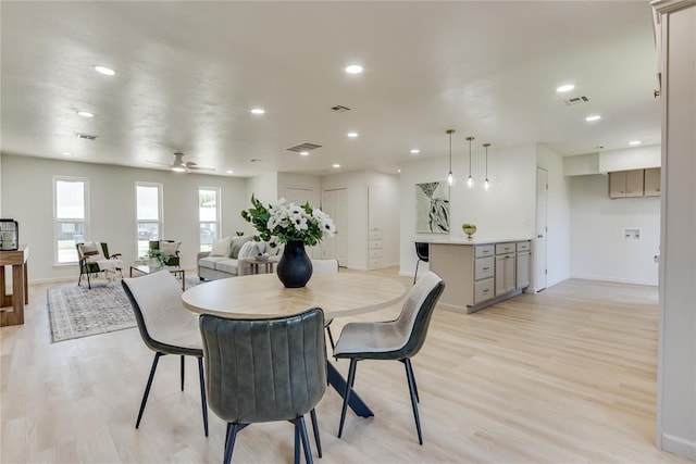 1309 NW 106th St, Oklahoma City, OK 73114 - dining space featuring light wood-type flooring, baseboards, recessed lighting, and a ceiling fan