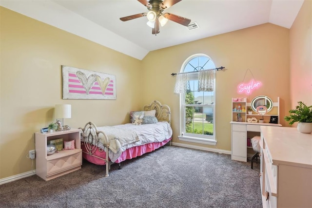 605 S Timber Ridge Dr, Cushing, OK 74023 - bedroom featuring vaulted ceiling, carpet floors, baseboards, and ceiling fan