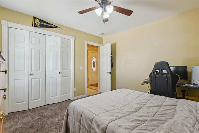 605 S Timber Ridge Dr, Cushing, OK 74023 - bedroom with carpet, a closet, and a ceiling fan