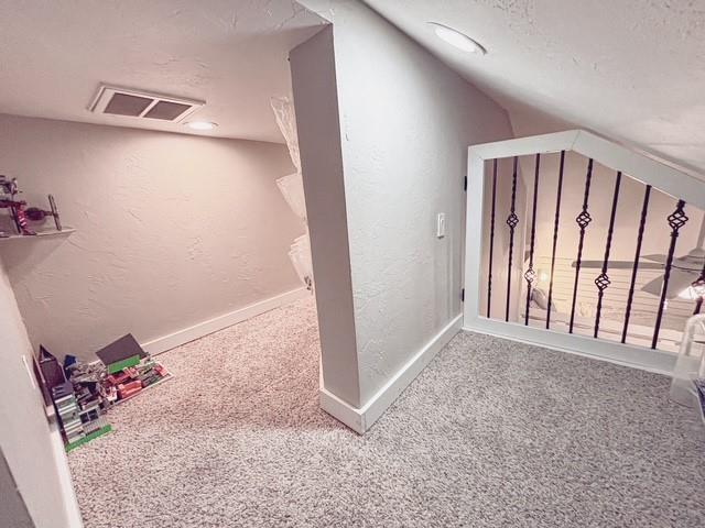 710 Isaiah Ln, Tuttle, OK 73089 - additional living space featuring carpet floors, a textured wall, lofted ceiling, a textured ceiling, and baseboards