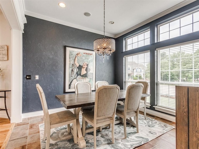 2508 Thunderwind Cir, Edmond, OK 73034 - dining space featuring a textured wall, ornamental molding, a chandelier, recessed lighting, and baseboards