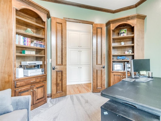 2508 Thunderwind Cir, Edmond, OK 73034 - office area featuring crown molding and built in shelves