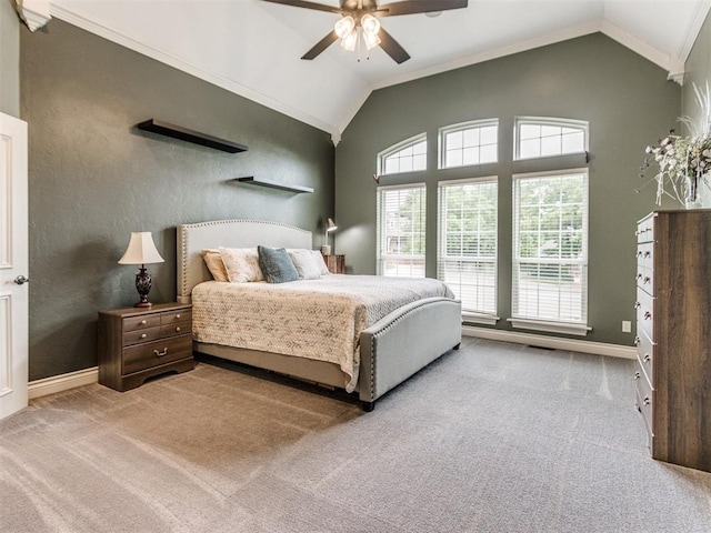 2508 Thunderwind Cir, Edmond, OK 73034 - bedroom featuring vaulted ceiling, carpet, baseboards, crown molding, and a ceiling fan