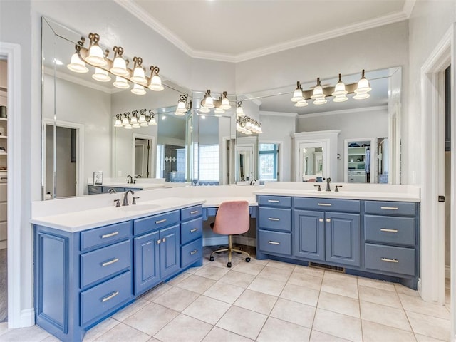 2508 Thunderwind Cir, Edmond, OK 73034 - bathroom with vanity, crown molding, and tile patterned floors