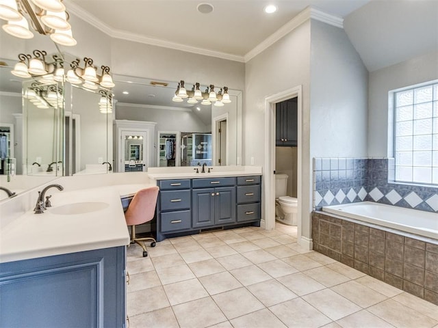 2508 Thunderwind Cir, Edmond, OK 73034 - bathroom with vanity, tile patterned floors, toilet, a bath, and crown molding