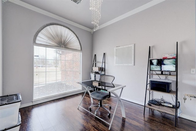 10904 Quail Run Rd, Oklahoma City, OK 73150 - home office featuring wood finished floors, baseboards, and crown molding