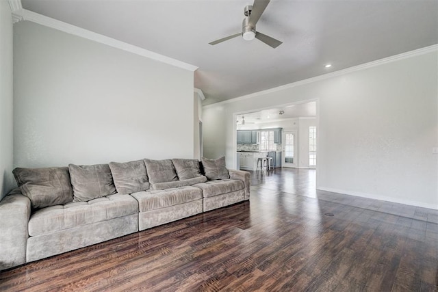 10904 Quail Run Rd, Oklahoma City, OK 73150 - living room featuring a ceiling fan, wood finished floors, crown molding, baseboards, and recessed lighting