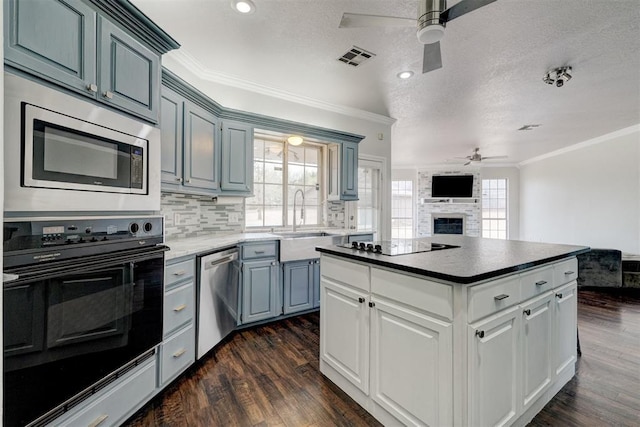 10904 Quail Run Rd, Oklahoma City, OK 73150 - kitchen with a ceiling fan, black appliances, crown molding, a fireplace, and a sink