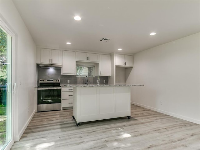 920 N Warren Ave, Oklahoma City, OK 73107 - kitchen with stainless steel range with electric stovetop, under cabinet range hood, baseboards, a sink, and light wood-style floors