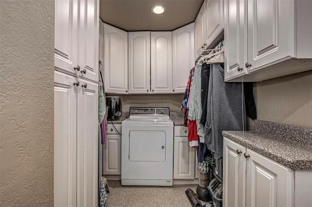 427 Foreman Ave, Norman, OK 73069 - laundry room featuring washer / clothes dryer, a textured wall, cabinet space, and recessed lighting