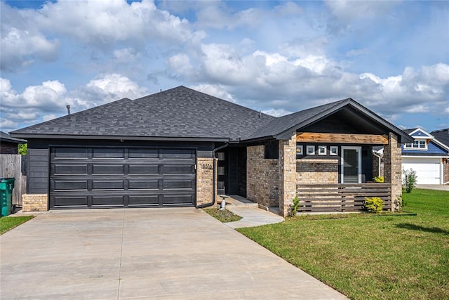 8516 Gibbs Dr, Oklahoma City, OK 73135 - ranch-style house featuring driveway, a front lawn, roof with shingles, a garage, and brick siding