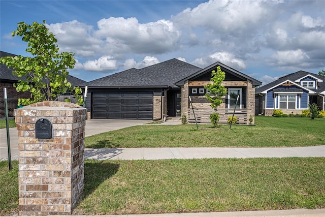 8516 Gibbs Dr, Oklahoma City, OK 73135 - view of front of property with brick siding, a garage, a front yard, driveway, and roof with shingles
