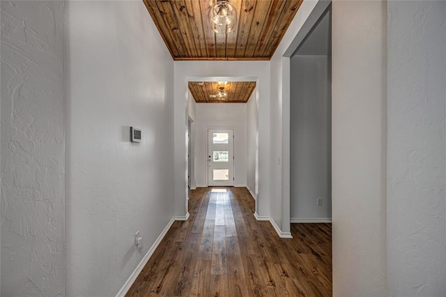 8516 Gibbs Dr, Oklahoma City, OK 73135 - entryway with wooden ceiling, dark wood finished floors, and baseboards