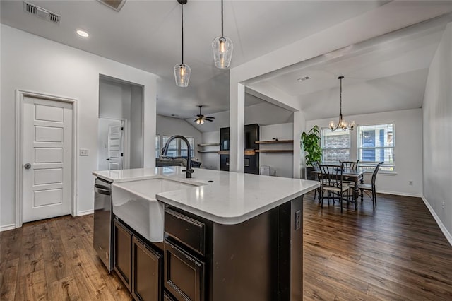 8516 Gibbs Dr, Oklahoma City, OK 73135 - kitchen featuring a sink, a ceiling fan, baseboards, vaulted ceiling, and dishwasher