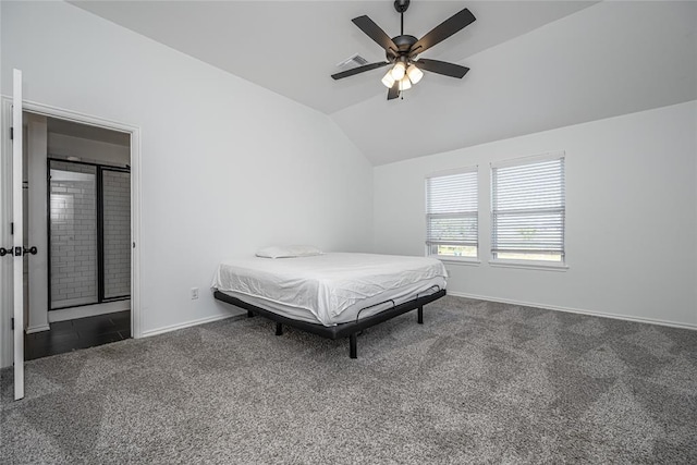 8516 Gibbs Dr, Oklahoma City, OK 73135 - bedroom with carpet, vaulted ceiling, baseboards, a ceiling fan, and ensuite bath