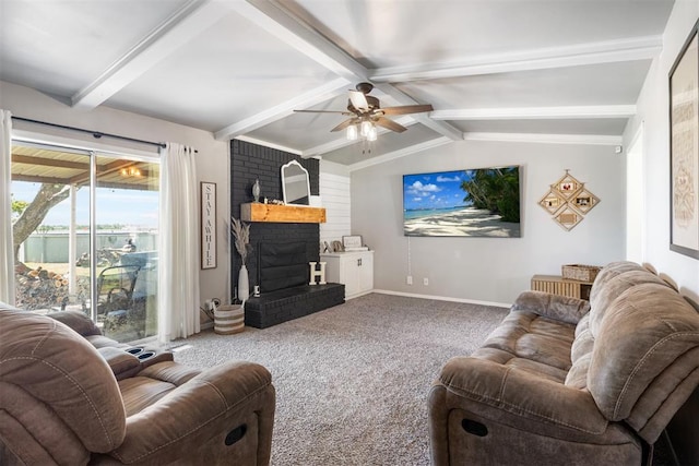 16 Clark Cir, Shawnee, OK 74804 - living room featuring a ceiling fan, carpet floors, a brick fireplace, and baseboards