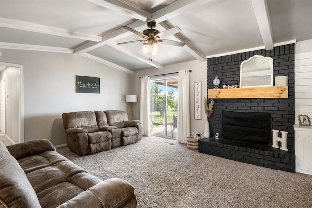 16 Clark Cir, Shawnee, OK 74804 - carpeted living area featuring a ceiling fan and a fireplace