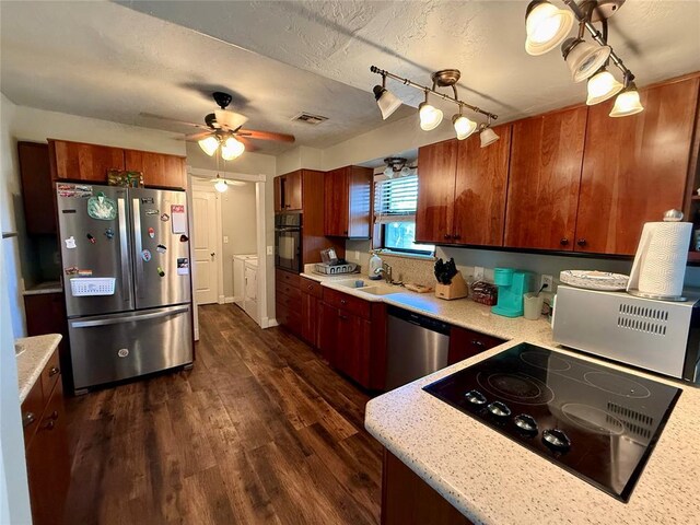 1000 Winnipeg Dr, Yukon, OK 73099 - kitchen featuring black appliances, dark wood finished floors, ceiling fan, a textured ceiling, and a sink