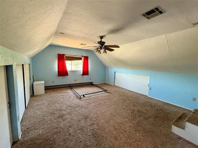 1000 Winnipeg Dr, Yukon, OK 73099 - additional living space featuring a textured ceiling, vaulted ceiling, ceiling fan, carpet, and baseboard heating