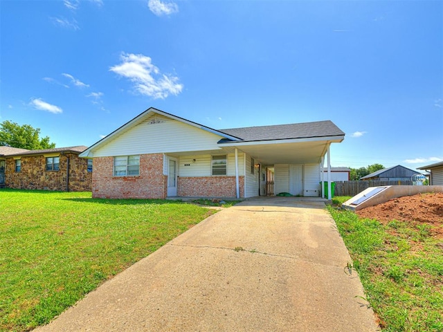 1810 Haynie Ln, Prague, OK 74864 - ranch-style home featuring driveway, brick siding, an attached carport, and roof with shingles