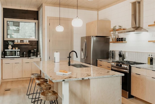 2 Timber Passage Trl, Broken Bow, OK 74728 - kitchen with appliances with stainless steel finishes, a sink, wall chimney exhaust hood, light brown cabinetry, and wood ceiling