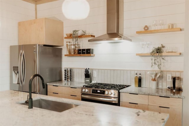2 Timber Passage Trl, Broken Bow, OK 74728 - kitchen with open shelves, wall chimney range hood, appliances with stainless steel finishes, and light brown cabinets