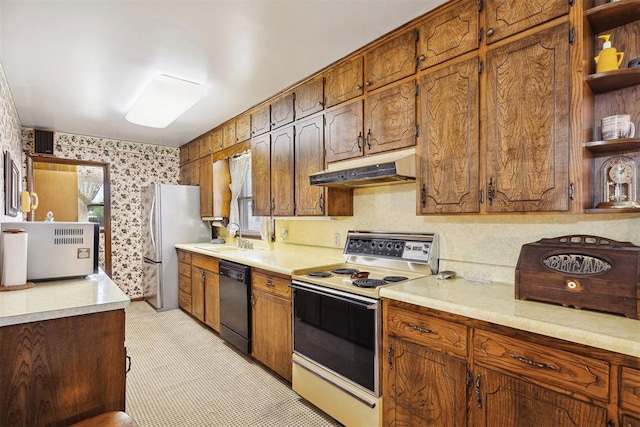111 W Colorado Ave, Okarche, OK 73762 - kitchen featuring electric range oven, under cabinet range hood, dishwasher, open shelves, and wallpapered walls