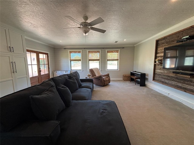 11790 E Etowah Rd, Noble, OK 73068 - living area with carpet floors, healthy amount of natural light, baseboards, ornamental molding, and ceiling fan