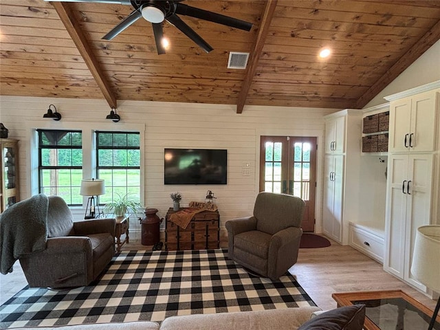 11790 E Etowah Rd, Noble, OK 73068 - living area featuring wood ceiling, light wood finished floors, ceiling fan, healthy amount of natural light, and french doors
