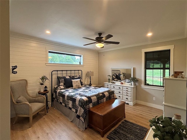 11790 E Etowah Rd, Noble, OK 73068 - bedroom with light wood-style floors, ornamental molding, baseboards, ceiling fan, and recessed lighting