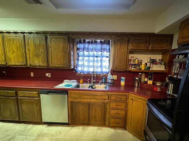 201 N Sheridan Ave, Dover, OK 73734 - kitchen featuring dishwasher, a sink, dark countertops, and range with electric cooktop