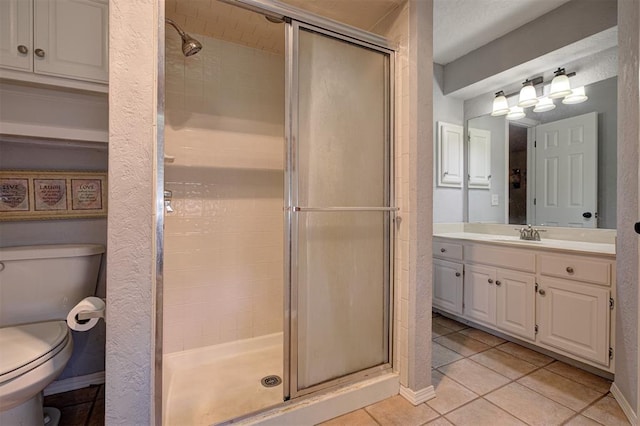 1001 Glacier Ln, Edmond, OK 73003 - full bathroom with tile patterned floors, toilet, a stall shower, vanity, and baseboards