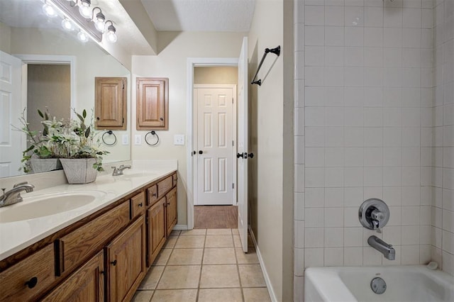 1001 Glacier Ln, Edmond, OK 73003 - bathroom with tile patterned flooring, double vanity, and bathing tub / shower combination