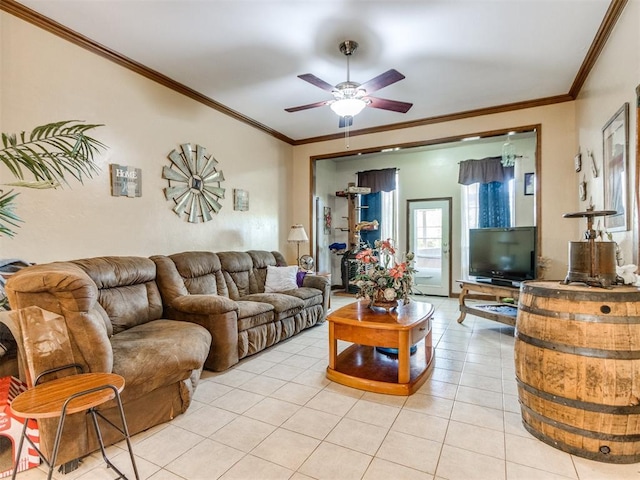 19609 Filly Dr, Edmond, OK 73003 - living room featuring light tile patterned floors, ceiling fan, and crown molding